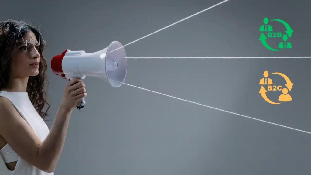 Arte ilustrativa mostrando uma mulher segurando uma megafone e, ao lado, escrito B2B e B2C.