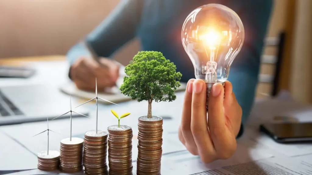 Arte ilustrativa remetendo a sustentabilidade e ao modelo triple bottom line.