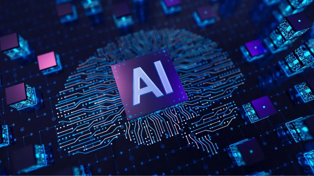 Ilustração de uma placa mãe com chip de inteligência artificial.